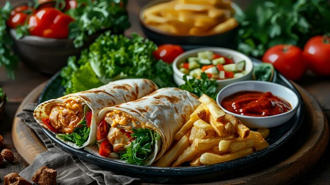 Tortilla wraps with chicken, vegetables, and french fries on a wooden background