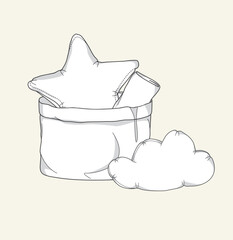 baby basket with star pillow, cloud pillow and blanket flat sketch illustration
