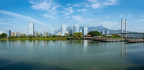 Fototapeta premium Huahai Park and Fuzhou Financial District Urban Skyline, Fujian, China