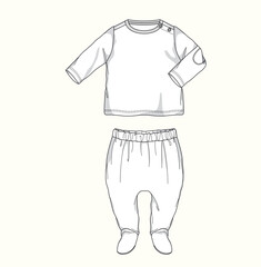 Kids Baby full sleeve top and footed leg pant set flat sketch illustration