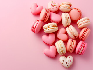 Fototapeta premium Top view of sweet macaron in heart shape with copy space on pink background, love and valentines day concept