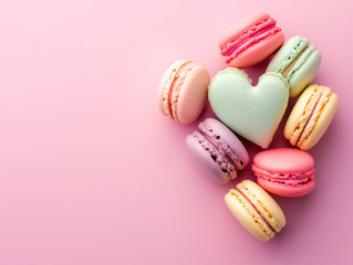 Fototapeta na wymiar Top view of sweet macaron in heart shape with copy space on pink background, love and valentines day concept