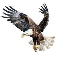 A bald eagle with outstretched wings is swooping down