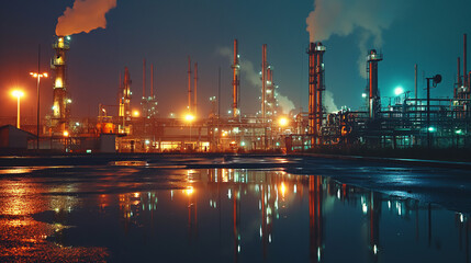 Petroleum industrial complex at night. Oil refinery plant.