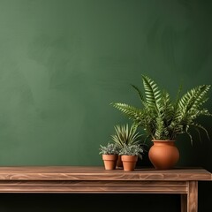 Three potted plants on a wooden table against a green background