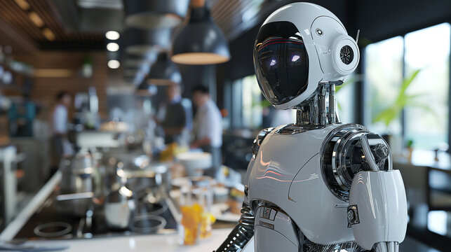 Black and white AI robot in the kitchen of a restaurant.