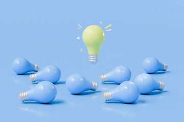 3D Yellow lightbulb floating from blue lightbulbs on floor. Creative idea and innovation, brainstorming for inspiration concept. Minimal Cartoon icon isolated on blue background 3D rendering.