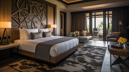 Luxury hotel room interior with grey accented decor.