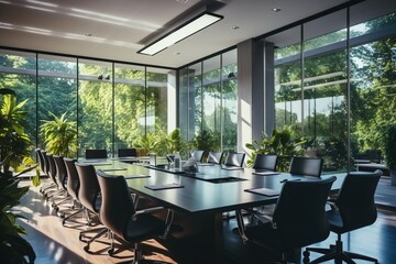 Modern office interior with large windows and green plants