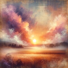 abstract artwork inspired by a sunrise over a misty field for wall decor