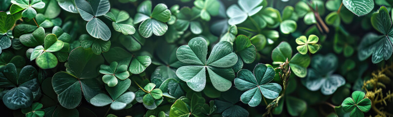 A dense cluster of vibrant green clover leaves forming a natural backdrop. - obrazy, fototapety, plakaty