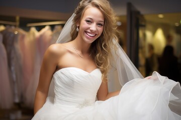 A bride in a wedding dress is the touchstone in the wedding dress shop,