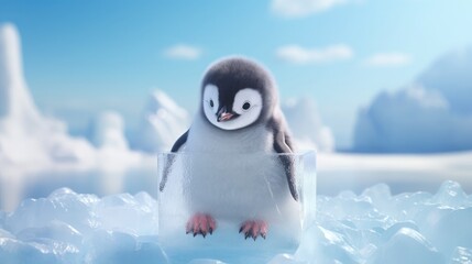 A cute little penguin stands on an ice cube, surrounded by a beautiful snow scene, soft focus photography, Two-dimensional, 4K, high detail 