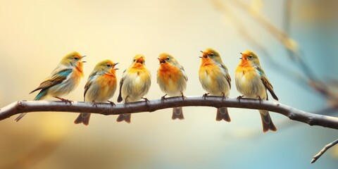 A flock of five birds are singing on the branch, vignetting photography, Dadaism, 16k, high detail