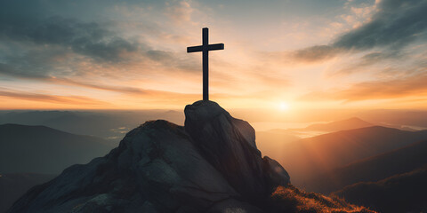 Illustration of christian cross appears bright in the sky background ai,The cross of christ on top of the mountain with beautiful sunset in the background panoramic generative ai,Good friday ash wedne - obrazy, fototapety, plakaty