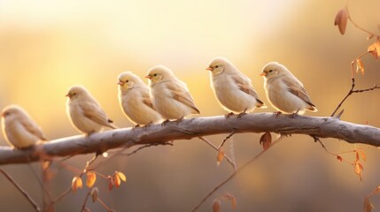 A flock of five birds were hopping merrily on the branch, depth of field control method, Graphics, 64K, high resolution