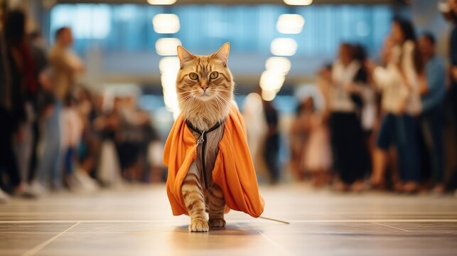 A cool cat wearing summer attire on a runway show, girl,odel figure, thin figure, full length shot, front view, fashionable clothing, realistic, photograph, highly detailed, 8k,documentary