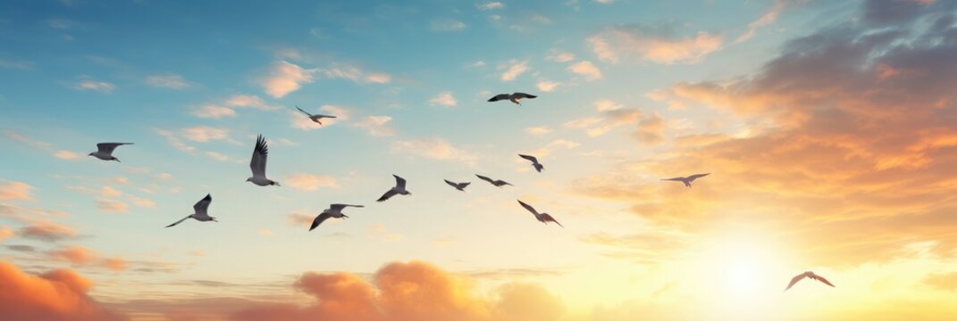 A flock of five birds are flying in the sky, wide light, 2d illustration, 64K, high detail