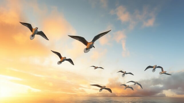 A flock of five birds are flying in the sky, wide light, 2d illustration, 64K, high detail