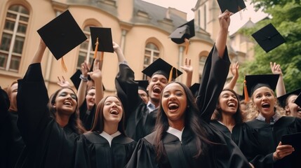 A group of cheerful graduates holding diplomas or certificates up together and celebrating success. Diverse multiethnic young students in black robes graduating outside university college institution 