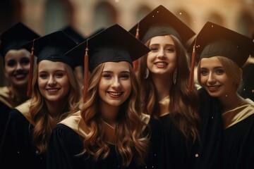 A group of graduates in graduation standing next to one another, in the style of vray tracing, anamorphic lens, 