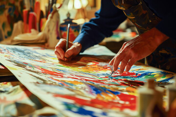 Close-up of an artist's hand painting vibrant colors on a canvas in a creative studio environment.