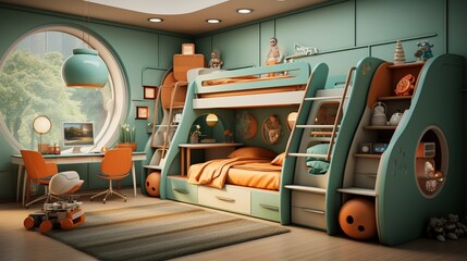 Futuristic bedroom interior design with bunk bed and large round window - obrazy, fototapety, plakaty