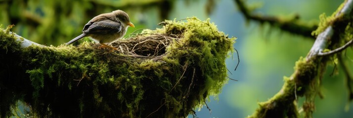 Beautiful forest A bird's nest on the branch of a big tree A big bird feeding a small bird Wallpaper