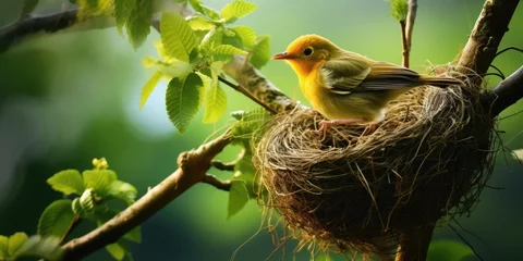 Foto op Plexiglas Beautiful forest A bird's nest on the branch of a big tree A big bird feeding a small bird Wallpaper © sambath
