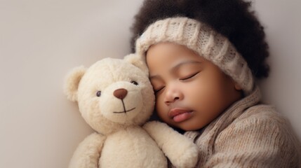 Close-up of a cute sleeping black newborn baby wearing a knitted hat and holding a soft toy in his hand on a light neutral background with copy space. Studio professional photo shoot.