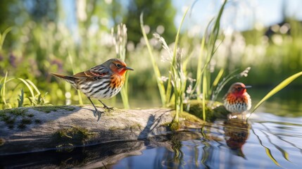 Cute Spinus songbirds sitting near pond in park , photo, hyper realism, photorealistic, canon mark III, 50mm, 1/4f