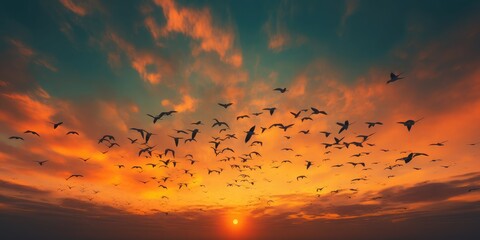 It is sunset and a flock of birds is flying across the orange sky, abstract photography, colorism, 8K, hyper quality - Powered by Adobe