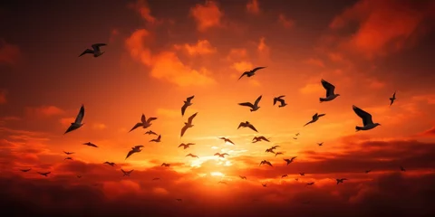 Fotobehang It is sunset and a flock of birds is flying across the orange sky, abstract photography, colorism, 8K, hyper quality © sambath