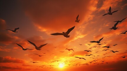 It is sunset and a flock of birds is flying across the orange sky, abstract photography, colorism, 8K, hyper quality