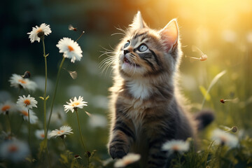 Naklejka na ściany i meble Cute kitten cat in color garden