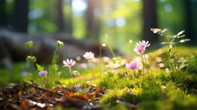 Pretty wild flowers on forest floor, soft focus, elegant photography style, bokeh, macro photography 