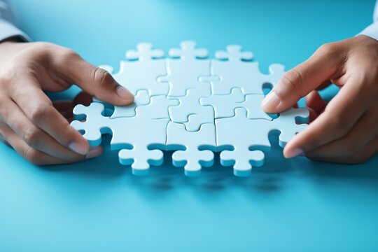 hands holding puzzle pieces to complete jigsaw puzzle