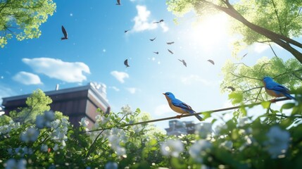 "Today is a sunny day, and the birds are singing happily in the trees.", High and short depth of field, blueprint, UHD, high detail
