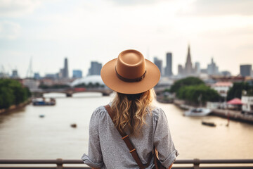Back of woman with backpage travel on holiday with city background