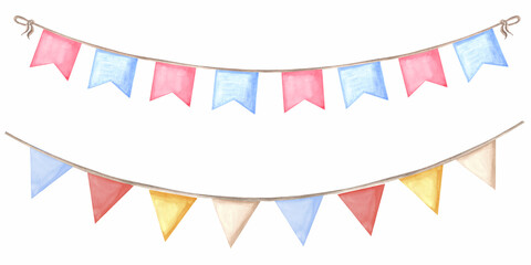 Watercolor garlands of pennants and flags. Template of festive illustration for birthday and kids party decoration, isolated. Hand drawn clipart for invitations and cards, wedding background, sticker - obrazy, fototapety, plakaty