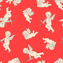 Funny Valentines Day Vector Seamless Pattern. Cupid Angels in Retro Cartoon Style. Fun and Cute Background for your design.