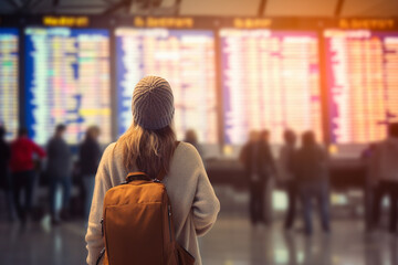 Fototapeta premium Woman travel at aiport with flight schedule board background