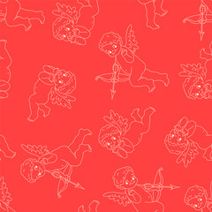 Funny Valentines Day Vector Seamless Pattern. Cupid Angels in Retro Cartoon Style. Fun and Cute Background for your design.
