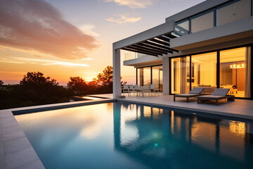 Modern villa with swimming pool and sunset view