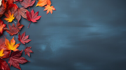 Autumn background with colored red leaves on blue slate background. ai generative