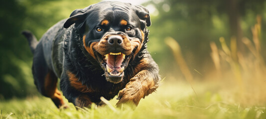 Strong rottweiler dog in the field in training, Aggressive Rottweiler pulling very hard towards, Animal Clinic, Pet check up and vaccination rabies concept.