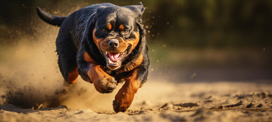 Strong rottweiler dog in the field in training, Aggressive Rottweiler pulling very hard towards,...