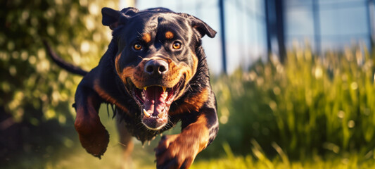Strong rottweiler dog in the field in training, Aggressive Rottweiler pulling very hard towards, Animal Clinic, Pet check up and vaccination concept. - obrazy, fototapety, plakaty