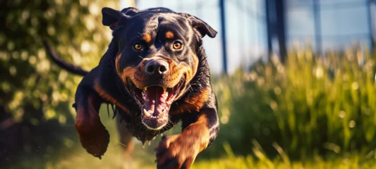 Tuinposter Strong rottweiler dog in the field in training, Aggressive Rottweiler pulling very hard towards, Animal Clinic, Pet check up and vaccination concept. © chiew