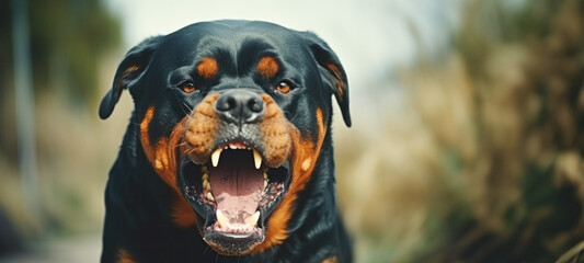 Strong rottweiler dog in the field in training, Aggressive Rottweiler pulling very hard towards, Animal Clinic, Pet check up and vaccination concept. - obrazy, fototapety, plakaty